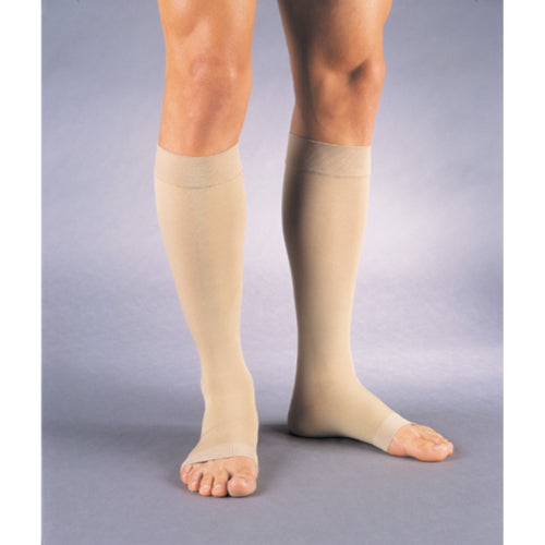 Beige Jobst Relief 15-20 mmHg knee-high compression socks with open toe, small size