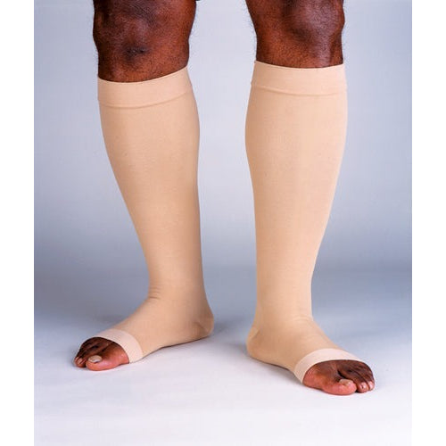 Beige Jobst Relief 15-20 mmHg knee-high compression socks with open toe, large-full calf size