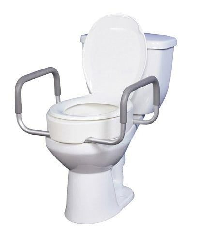 Drive Medical elevated toilet seat with arms, designed for elongated toilets.