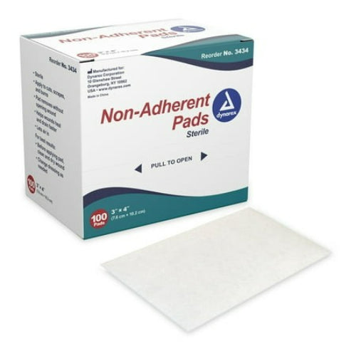 Dynarex non-adherent sterile gauze pads, 3 x 4 inch, box of 100.