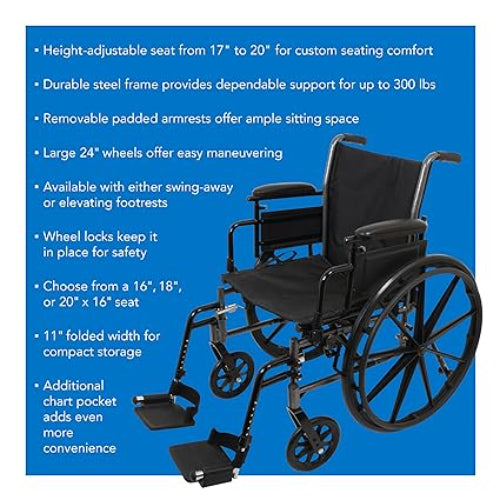 ProBasics K1 Lightweight Wheelchair 16 x16  Inches Seat Flip back Detachable Arms And Swing Away Foot Rests