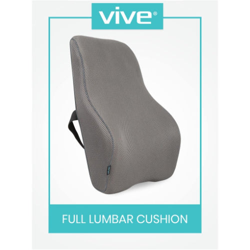 Vive Health Full Lumbar Cushion, Memory Foam, Mesh Cover With Strap, Gray