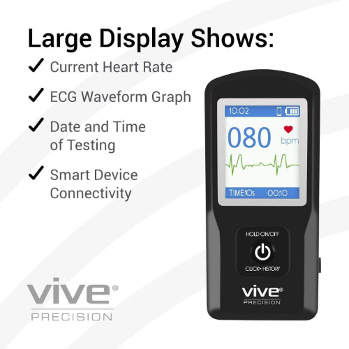 Vive Health ECG Monitor, Smart App, Rechargeable USB Cable, Black