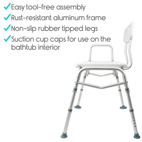 Vive Health Bathroom Transfer Bench With Back, White