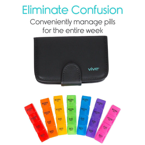 Vive Health Travel Pill Organizer With Black Leather Case