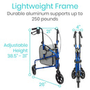 Vive Health Lightweight Three Wheel Foldable Rollator with Adjustable Handles and Bag, Purple