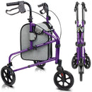 Vive Health Lightweight Three Wheel Foldable Rollator with Adjustable Handles and Bag, Purple
