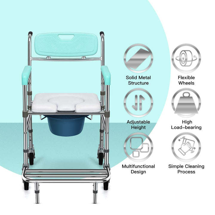 Lightweight Shower Multifunctional Mobile Commode Chair With Detachable Bucket