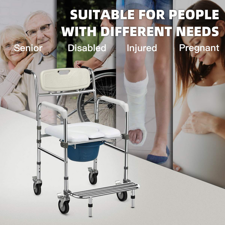 Lightweight Shower Multifunctional Mobile Commode Chair With Detachable Bucket