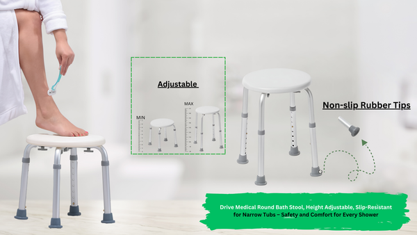 Drive Medical Round Bath Stool, Height Adjustable, Slip-Resistant for Narrow Tubs – Safety and Comfort for Every Shower