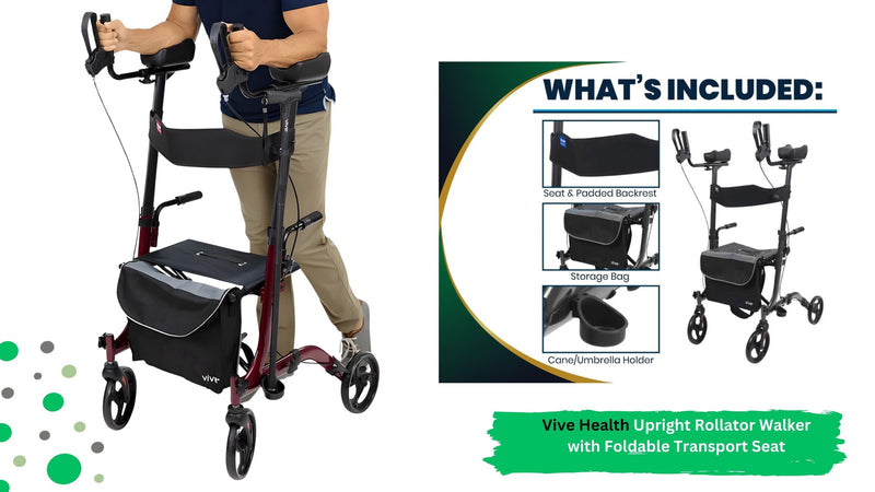 Vive Health Upright Rollator Walker, Foldable Transport Seat with 8 Inch Wheels, Red