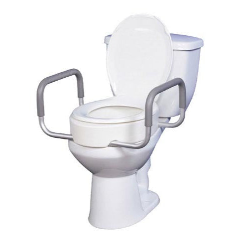 Elevated toilet seat with arms for elongated toilets