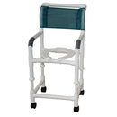  MJM International Adjustable Height Shower Chair with rustproof casters, open front seat, and 18-inch internal width for comfort, Moovkart.