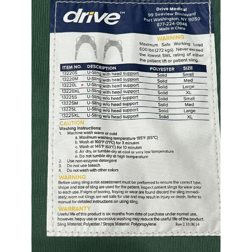 Drive Medical Padded U-Sling with Head Support, Medium, 33x65 Inches