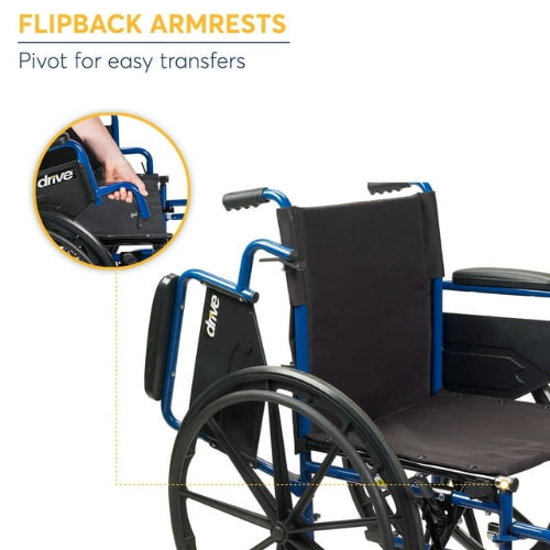 Drive Medical Blue Streak Single Axle Wheelchair with Flip Back Desk Arms and  Elevating Leg Rest, 20 Inches Seat