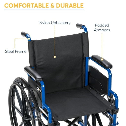 Drive Medical Blue Streak Single Axle Wheelchair with Flip Back Desk Arms and  Elevating Leg Rest, 20 Inches Seat