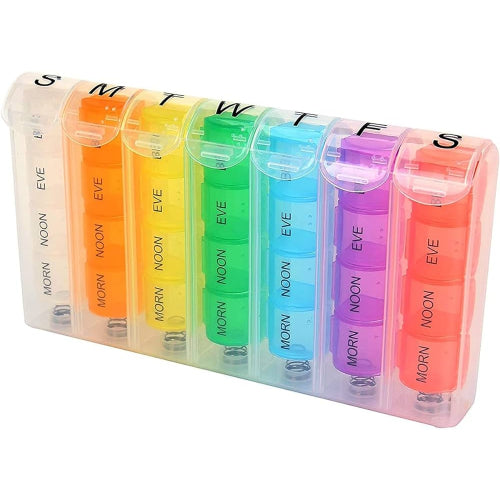 North American Pop-Up Weekly Pill Organizer with removable compartments for organizing daily medication. Moovkart