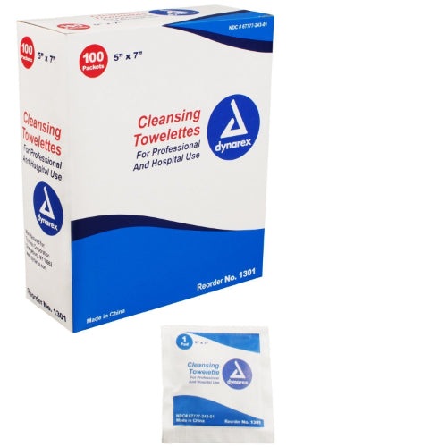 Dynarex Cleansing Towelettes, Antiseptic Wipes for Hands and Face, 5 x 7 Inches, Box of 100