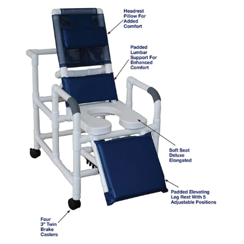 Reclining Shower Chair with Dlx Elongated Commode Seat PVC