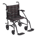 Drive Medical Fly-Lite Transport Chair, 19 Inches, aluminum frame with plaid-style upholstery and adjustable footrests, Moovkart.