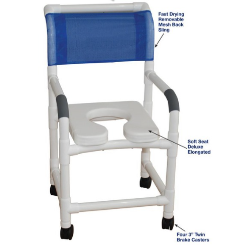 Shower Chair 18 W with Soft Seat Elongated DropArm Square Pail