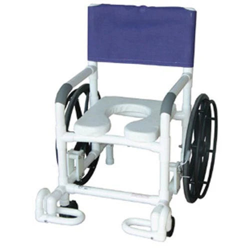 Multi-purpose PVC shower chair with rolling wheels and extended footrest for comfortable bathing