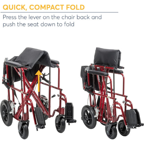 Drive Medical 22 Inch Bariatric Aluminum Transport Chair with 12 Inch Rear Flat Free Wheels