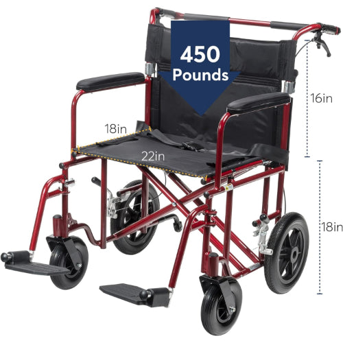 Drive Medical 22 Inch Bariatric Aluminum Transport Chair with 12 Inch Rear Flat Free Wheels