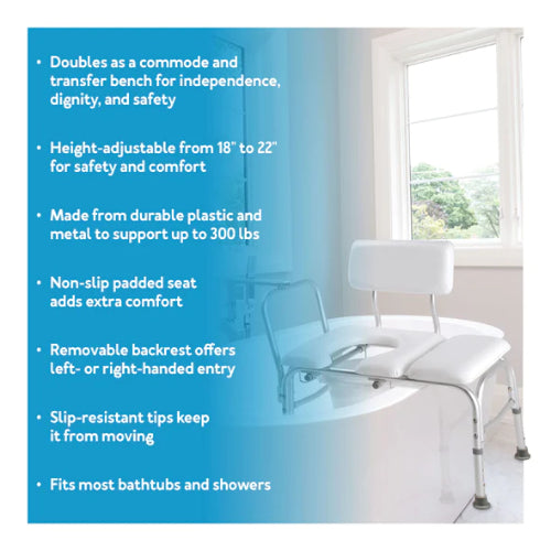 Carex Vinyl Padded Bathtub Transfer Bench with Cut Out and Pail