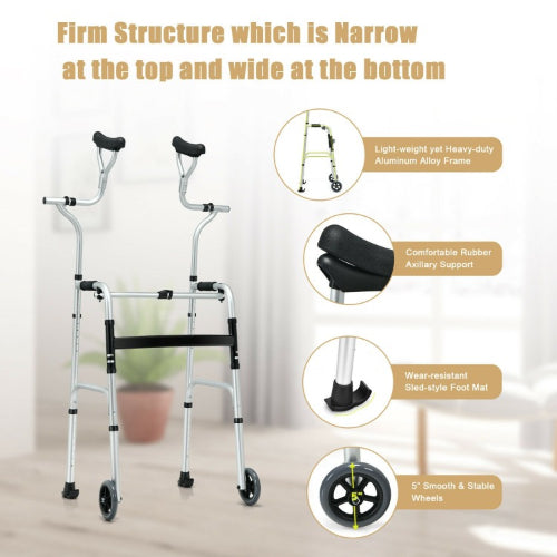 Foldable Rehabilitation Auxiliary Walker with 5 inch wheels by Costway