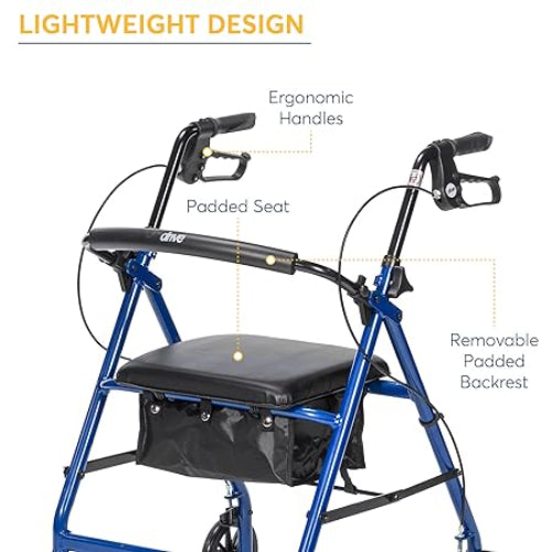 Drive Medical Aluminum Rollator 4 Wheel with Pouch and Padded Seat Blue, 2 pack