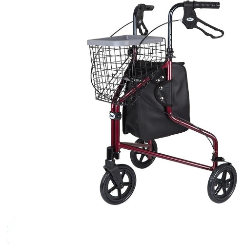 Drive Medical Rollator 3 Wheeled with Pouch and Basket Loop Brake-Flame Red