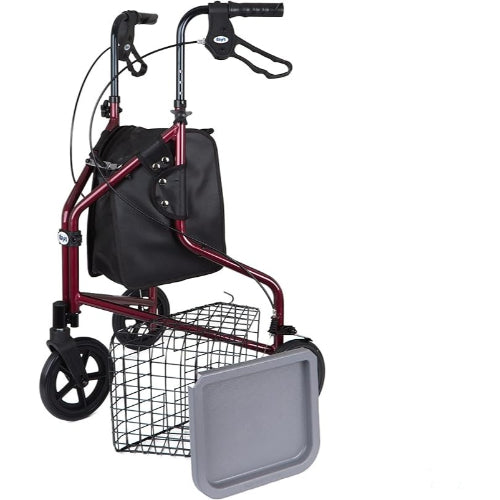 Drive Medical Rollator 3 Wheeled with Pouch and Basket Loop Brake-Flame Red
