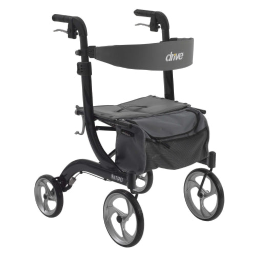 Drive Medical Nitro Euro Style Aluminum Rollator in Black with 10-inch casters, offering stability and portability. Moovkart