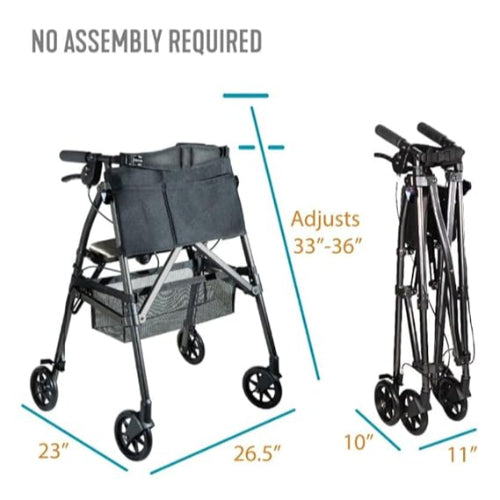 EZ Fold-N-Go Rollator Lightweight Folding 4 Wheel Rolling Walker for Seniors