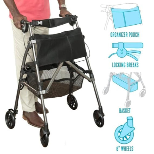 EZ Fold-N-Go Rollator Lightweight Folding 4 Wheel Rolling Walker for Seniors
