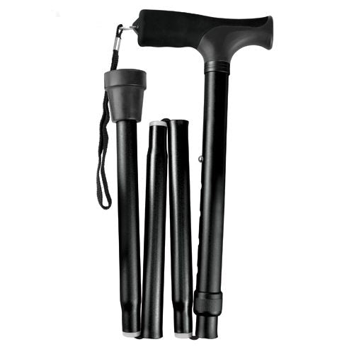 Compact Blue Jay Folding Cane with ergonomic pistol grip handle, designed for easy transport and portability. Adjustable height for personalized fit and support.
