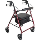 ProBasics Aluminum Rollator, Burgundy with padded seat, ergonomic hand brakes, and 6-inch wheels. Moovkart