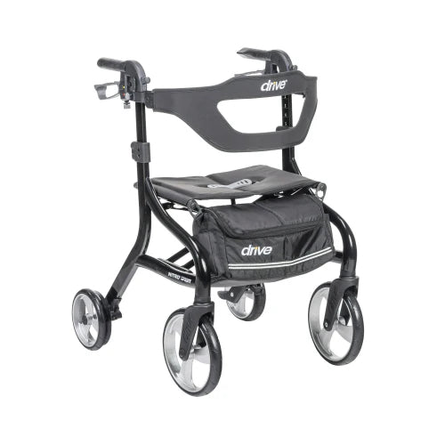 Drive Medical Nitro Sprint Rollator in black, lightweight and foldable rollator walker with ergonomic design and seat for enhanced mobility, Moovkart