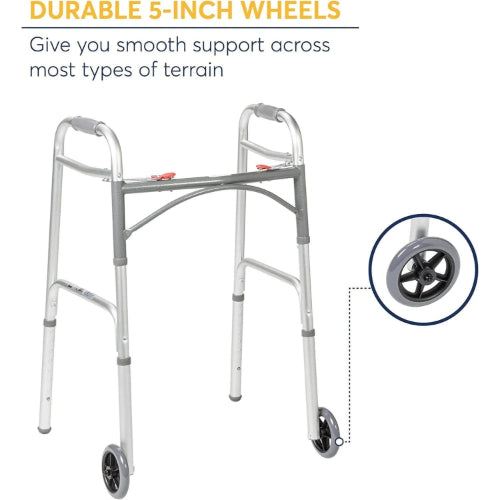 Drive Medical Two Button Steel Folding Walker with 5 Inches Wheels, Case of 4