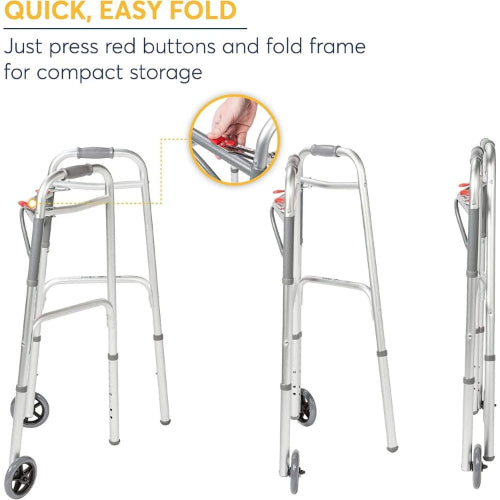 Drive Medical Two Button Steel Folding Walker with 5 Inches Wheels, Case of 4