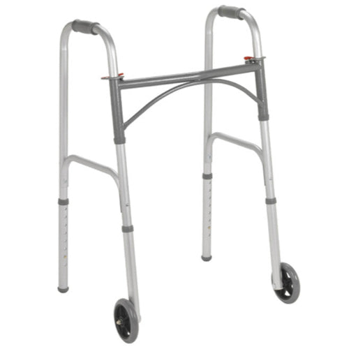 Drive Medical Steel Two Button Folding Walker with 5 Inch Wheels, case of 4, sturdy steel frame, adjustable height, Movkart