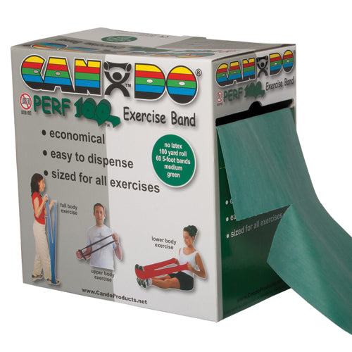 100-yard roll of CanDo latex-free exercise band with perforated 5-foot segments for rehab exercises, Moovkart