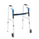 Drive Medical Junior Trigger Release Folding Walker with 5-inch wheels, lightweight aluminum frame, and ergonomic fold design, Moovkart.