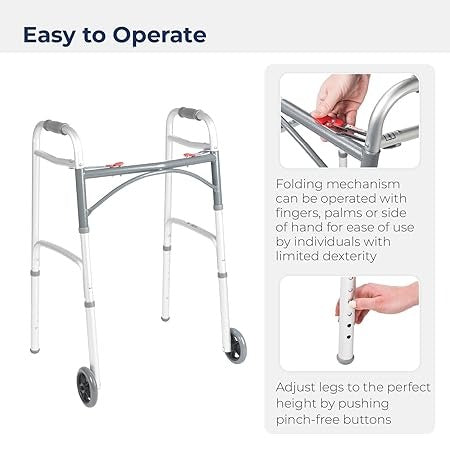 Drive Medical Easy Release 2-Button Folding Walker without Wheels, Adult