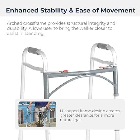 Drive Medical Easy Release 2-Button Folding Walker without Wheels, Adult
