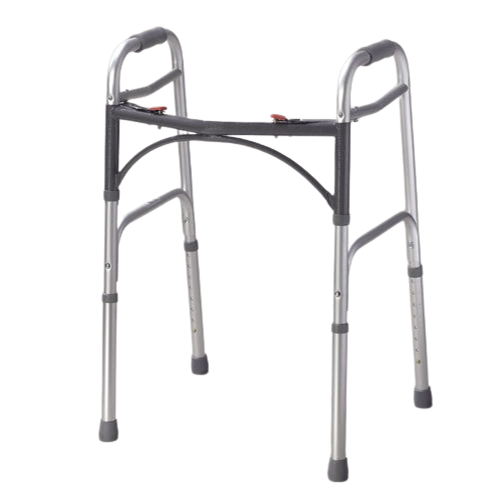 Drive Medical Easy Release Folding Walker features stable, height-adjustable design, U-shaped frame for enhanced clearance. Moovkart.