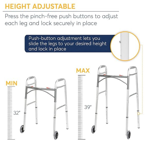 Drive Medical Deluxe Two Button Folding Walker With 5 inch Wheels, 4 each