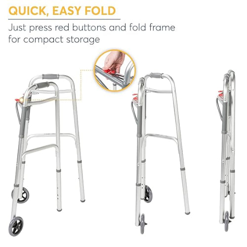Drive Medical Deluxe Two Button Folding Walker With 5 inch Wheels, 4 each