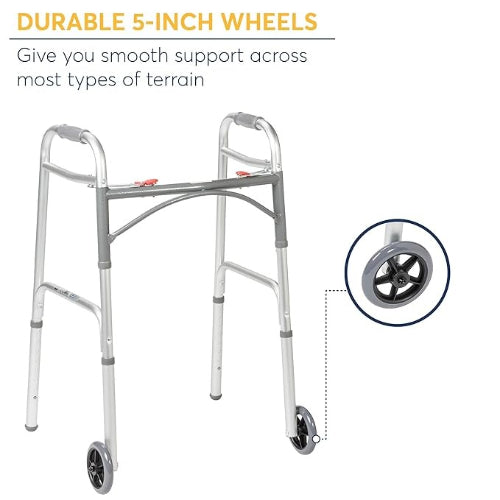 Drive Medical Adult Aluminum Folding Walker, Two Button with 5-Inch Wheels